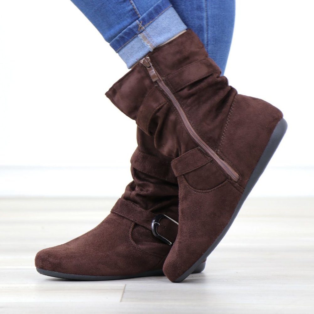 Brown Flat Boots Round Toe Above Ankle Booties Faux Suede - Picture 8 of 14